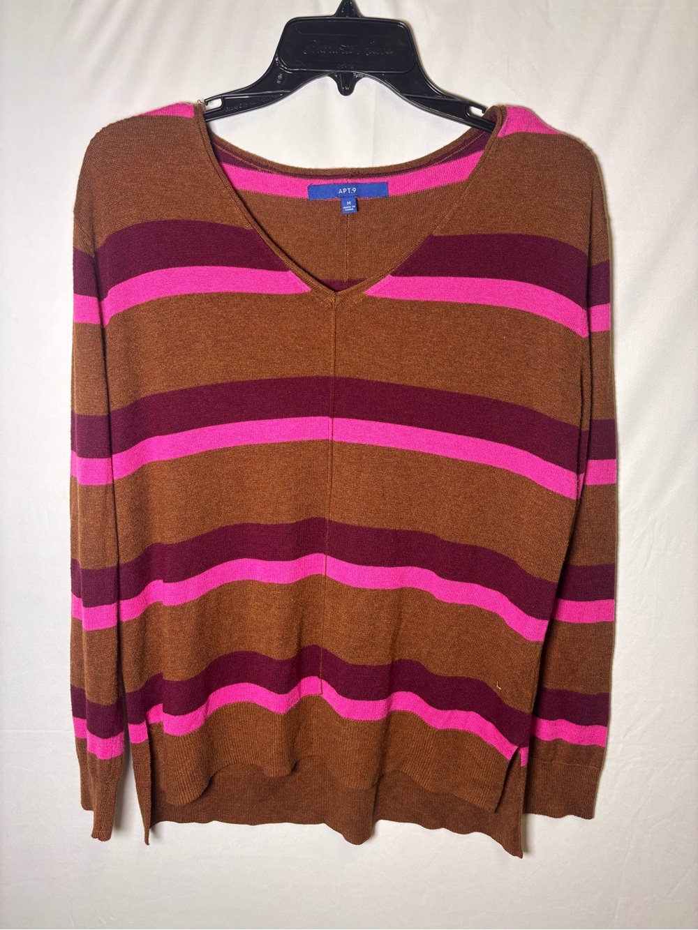 Apt. 9 Brown V-Neck Sweater with Pink & Burgundy Stripes